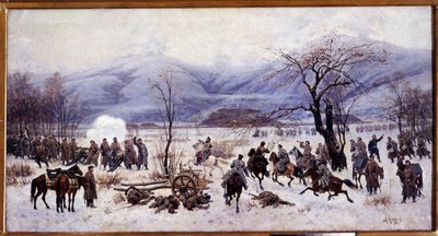 Venäjän-Turkin (Venäjä-Turkin) sota (1877-1878): Neljäs Shipkan solan taistelu Bulgariassa 5.-9. tammikuuta 1878 (Shipkan solan neljäs taistelu). Aleksei Danilovich Kivshenko (1851-1895) maalaus tekijältä Aleksei Danilovich Kivshenko