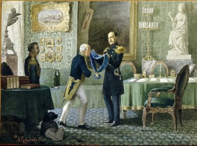 Venäjän keisari Nikolai I (1796-1855) lahjoittaa Pyhän Andrean ritarikunnan Sinisen nauhan kreivi Mihail Speranskille (1772-1839). (Keisari Nikolai I palkitsee Pyhän Andreaksen ritarikunnan sinisen nauhan kreivi Michail Speranskylle). Aleksei Danilovichin  tekijältä Aleksei Danilovich Kivshenko