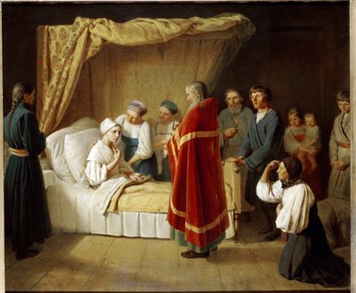 Eukaristia kuolevaisille. Ortodoksisen kirkon pappi tulee sairaan naisen sängyn viereen antamaan tälle liturgisen sakramentin, perheenjäsenten ympäröimänä. Aleksei (Alexis) Gavrilovich Venetsianovin maalaus ( tekijältä Aleksei Gavrilovich Venetsianov
