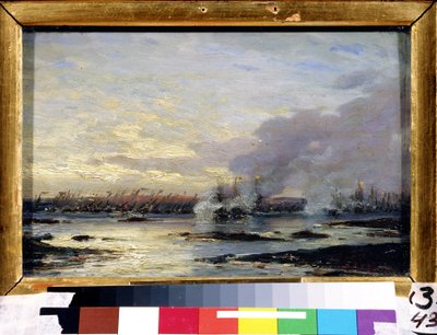 Suuri Pohjansota (1700-1721): ""Gangutin taistelu, jossa Venäjän laivasto (mukaan lukien Gangut-kiirassi) voitti Ruotsin laivaston 8.7.1714"" Aleksei Petrovitš Bogolyubovin (Bogoliubov tai Bogoliubovin) maalaus ) (1824-1896) 1876 osavaltio A tekijältä Aleksei Petrovich Bogolyubov