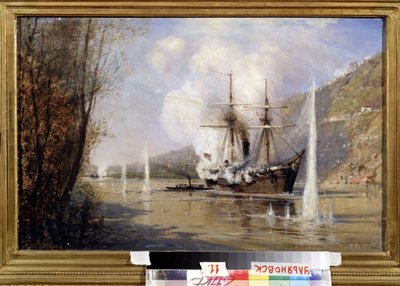 Venäläinen hävittäjä Shutka hyökkää turkkilaiseen laivaan 16. kesäkuuta 1877 (The Russian Destroyer Shutka hyökkää turkkilaiseen laivaan 16. kesäkuuta 1877). Kuvaus taistelusta Bosporinsalmessa Venäjän aseistetun laivaston ja Ottomaanien valtakunnan välill tekijältä Aleksei Petrovich Bogolyubov