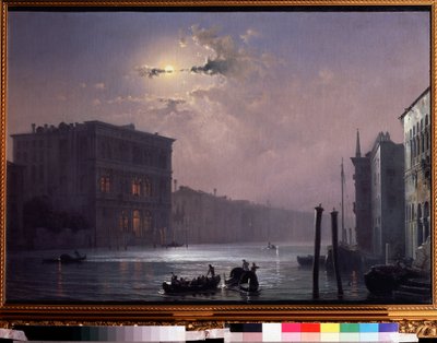 Canal Grand Venetsiassa (Italia (The Grand Canal in Venetsian). Maalaus: Aleksei Petrovitš Bogolyubov (Bogoliubov tai Bogolyubov) (1824-1896). Öljy kankaalle, vuoden 1854 jälkeen, 63,8 x 90,5 cm, venäläinen taide. Valtio V. Tropinin Museo, Moskova. tekijältä Aleksei Petrovich Bogolyubov