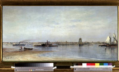 Näkymä Neva-joen rannoille Pietarissa (Pietari) Venäjällä. Aleksei Petrovitš Bogolyubovin (Bogoliubov tai Bogolioubov) maalaus (1824-1896) tekijältä Aleksei Petrovich Bogolyubov