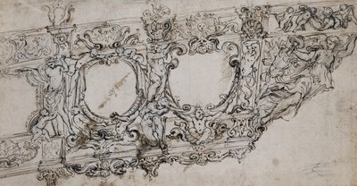 Suunnitelma paavi Urbanus VIII:n gallerian varrelle: mehiläisten ja auringon Barberini-käsivarret, Ignudi, Tritonit, hippokampit, putti ja voiton allegooria hahmona kirjainten alla VRBA In tekijältä Alessandro Algardi