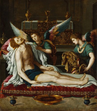 Le Corps du Christ oint par deux anges - Kahden enkelin voitelema Kristuksen ruumis - Allori, Alessandro (1535-1607) - noin 1593 - Öljy kuparille - 45x39 - Szepmuveszeti Muzeum, Budapest tekijältä Alessandro Allori