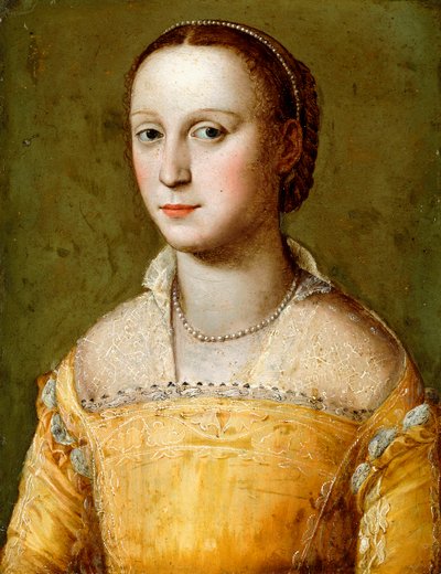Eleanora d"Esten muotokuva, puolipitkä, yllään kultainen mekko, tekijältä Alessandro Allori