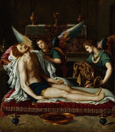 Kahden enkelin voitelema Kristuksen ruumis tekijältä Alessandro Allori
