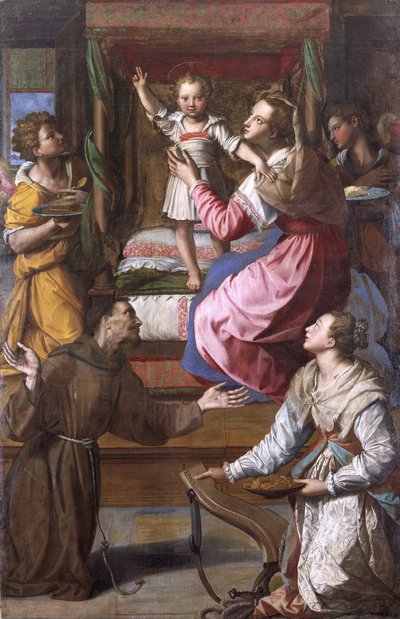Neitsyt ja lapsi sekä pyhimykset Franciscus ja Lucy tekijältä Alessandro Allori