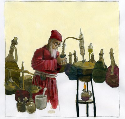 Alkemisti laboratoriossaan pullojen ja stillkuvien ympäröimänä. Kuvitus: Alessandro Lonati tekijältä Alessandro Lonati