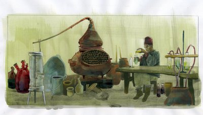 Alkemisti laboratoriossaan purkkien ja still-kuormituksen kanssa (alkemisti laboratoriossa purkkien ja still-kuvioiden kanssa) Kuvitus: Alessandro Lonati tekijältä Alessandro Lonati