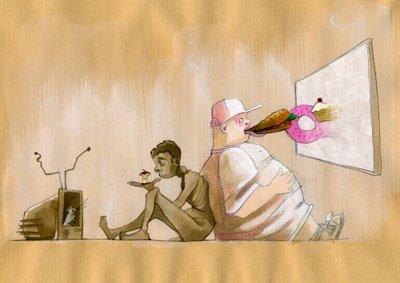 Jaetun yhteiskuntamme allegorinen esitys kulutusyhteiskunnana on liioiteltua, kun nuori länsimainen lihava nielee pikaruokaa (roskaruokaa) jättiläisnäytön edessä, nälkäisen miehen katselee epätoivoisesti omenapuuta television edessä. tekijältä Alessandro Lonati