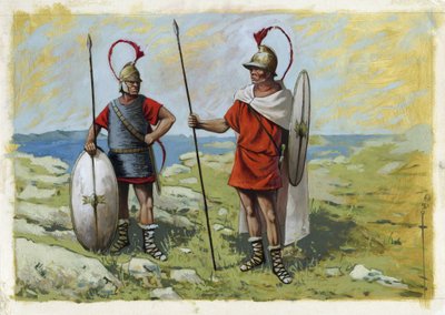 Muinainen Kreikka: tureoforipalkkasoturi (Thureophoros tai Thureophoroi) (3.-1. vuosisadalla eKr.) (oikealla) ja Thorakitit (Thorakitai) (vasemmalla). Piirustus Alessandro Lonati tekijältä Alessandro Lonati