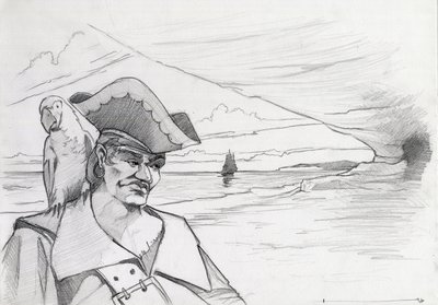 Karibian merirosvo papukaijan kanssa etsimässä aarretta rannalla sijaitsevasta luolasta galleonin kanssa. Piirustus Alessandro Lonati. tekijältä Alessandro Lonati