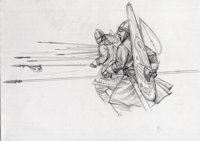 Jalkaväen normannien soturien panos Hastingsin taistelussa vuonna 1066. Piirustus Alessandro Lonati. tekijältä Alessandro Lonati