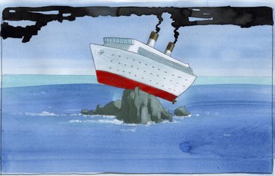 Ekologia: Nooan kaari saastuttavana risteilyaluksena, joka on jäänyt riuttalle Kuvitus: Alessandro Lonati tekijältä Alessandro Lonati