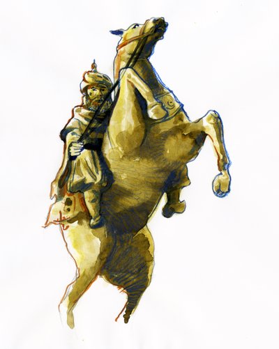 Oqba ibn Nafi Al Fihrin (622-683) ratsastusmuotokuva - (Uqba ibn Nafi tai Oqba ibn Nafi, Uqba ibn Nafe, Uqba ibn al Nafia tai Akbah arabialainen kenraali) Piirustus tekijältä Alessandro Lonati