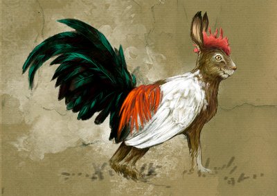 Fantastisia hirviöitä ja olentoja, kryptozoologia: esitys Skvaderista, Ruotsin kuvitteellisesta olennosta, puolivälissä jäniksen ja suuren kanervakukon välillä, sen loi vuonna 1918 taksidermisti Rudolf Granberg - Piirustus Alessandro Lonati, 2012 tekijältä Alessandro Lonati