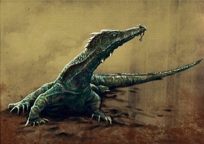 Upeita hirviöitä ja olentoja, kryptozoologia: esitys burusta, suuresta lezardista, joka olisi nähty Koillis-Intiassa - piirustus Alessandro Lonati, 2012 tekijältä Alessandro Lonati