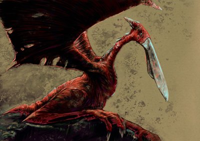 Upeita hirviöitä ja olentoja, kryptozoologia: kongamato, haihtuva pterosauruksen kaltainen olento, jonka sanotaan nähneen Mwinilungan alueella Länsi-Sambian Jiundun suoilla - piirros Alessandro Lonati, 2012 tekijältä Alessandro Lonati