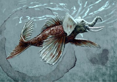 Monstros e criaturas fantásticas, criptozoologia: representação de um makara, animal aquático do bestiário mitológico da Índia, possui uma tromba que o aproxima do elefante marinho, o dente do crocodilo e um rabo de peixe - Desenho de Alessandro Lonfinnish tekijältä Alessandro Lonati