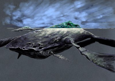 Upeita hirviöitä ja olentoja, kryptozoologia: zaratanin, hirviömäisen merikilpikonnan esitys, joka muistuttaa saarta. Piirustus Alessandro Lonati, 2012 tekijältä Alessandro Lonati