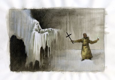 Taistelu krusifiksia pitelevän munkin ja aaveen välillä. Kuvitus: Alessandro Lonati tekijältä Alessandro Lonati