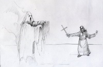Taistelu krusifiksia pitelevän munkin ja aaveen välillä. Kuvitus: Alessandro Lonati tekijältä Alessandro Lonati