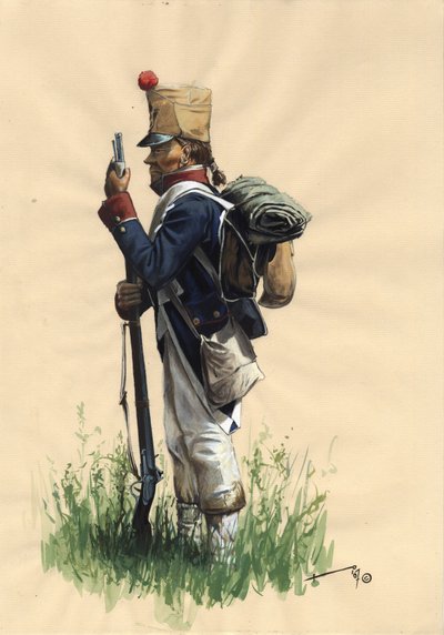 Ensimmäinen valtakunta (1804-1814 ja 1815): Suuren Napoleonin armeijan ranskalainen jalkaväen sotilas maalaispuvussa tekijältä Alessandro Lonati