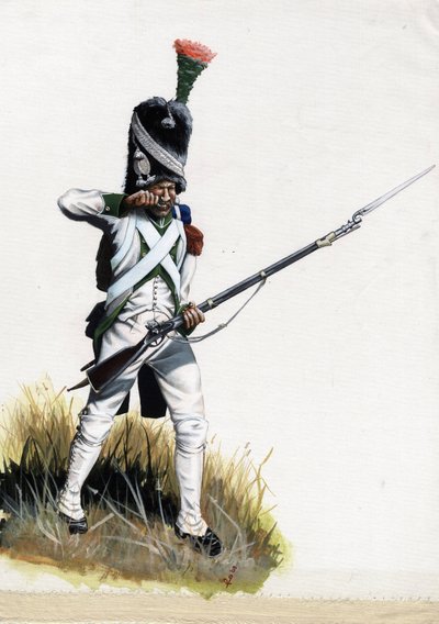 Ensimmäinen valtakunta (1804-1814 ja 1815): Italian suuren Napoleonin armeijan veliittisotilas avaa patruunan. Piirustus Alessandro Lonati tekijältä Alessandro Lonati