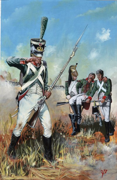 Ensimmäinen valtakunta (1804-1814 ja 1815): Italian suuren Napoleonin armeijan sotilaat auttamaan haavoittunutta toveria. Piirustus Alessandro Lonati tekijältä Alessandro Lonati