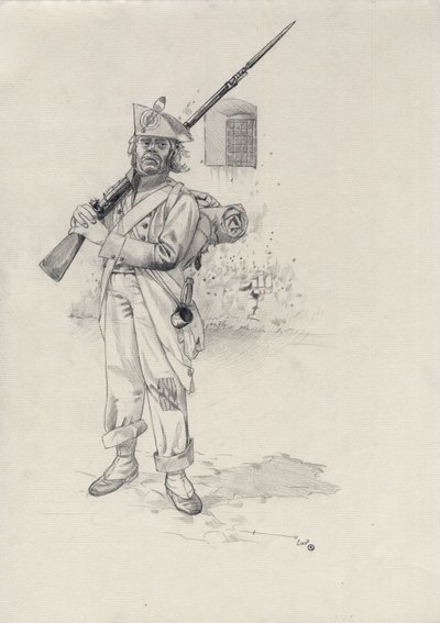 Ensimmäinen valtakunta (1804-1814 tai 1815): Napoleonin armeijan sotilas, ratsastusprikaatin jalkaväen sotilas linnoituksessa. Piirustus Alessandro Lonati tekijältä Alessandro Lonati