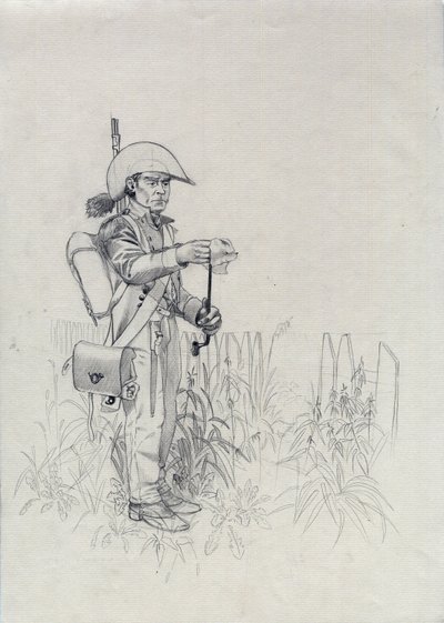 Ensimmäinen valtakunta (1804-1814 tai 1815): Napoleonin armeijan sotilas, sotilasjalkaväkimetsästäjä (jalkaväkimetsästäjä). Piirustus Alessandro Lonati tekijältä Alessandro Lonati
