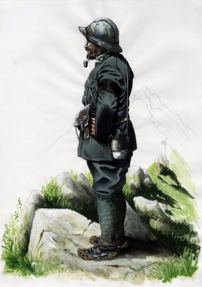 Ensimmäinen maailmansota 1914-1918: Italian armeijan alppimetsästäjä upseeri (alppimetsästäjä) Front des Alpesissa. Piirustus Alessandro Lonati tekijältä Alessandro Lonati