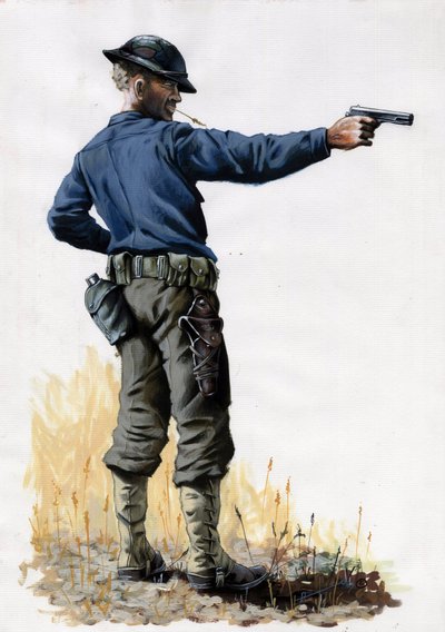 Ensimmäinen maailmansota 1914-1918: Amerikan armeijan jalkaväki pistoolilla vuonna 1917 länsirintamalla. Piirustus Alessandro Lonati tekijältä Alessandro Lonati
