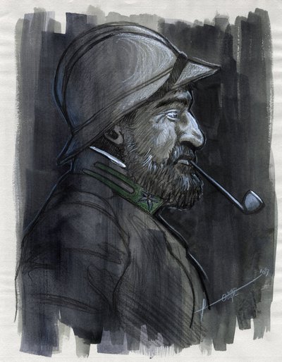 Ensimmäinen maailmansota 1914-1918: Profiilimuotokuva Italian armeijan sotilasta tupakoimassa piippua vuonna 1915. Piirustus Alessandro Lonati tekijältä Alessandro Lonati