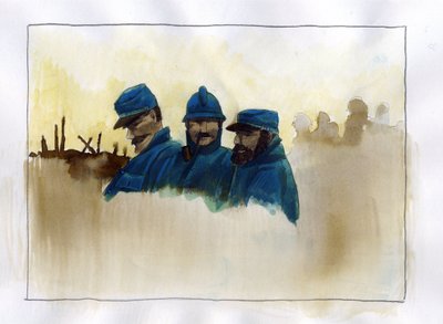 Ensimmäinen maailmansota: Ranskalaiset sotilaat ensimmäisen maailmansodan aikana Alessandro Lonatin väripiirustus tekijältä Alessandro Lonati