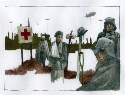 Primeira Guerra Mundial: Gules cassees e feridos de guerra no comando do posto de resgate da Cruz Vermelha - 1914-1918 Ilustração de Alessandro Lonatifinnish tekijältä Alessandro Lonati