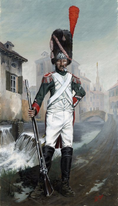 Ensimmäinen valtakunta (1804-1814 ja 1815): Italian Grenadierisotilaita lähellä Milanon kanavaa katedraalin taustalla. Piirustus Alessandro Lonati tekijältä Alessandro Lonati