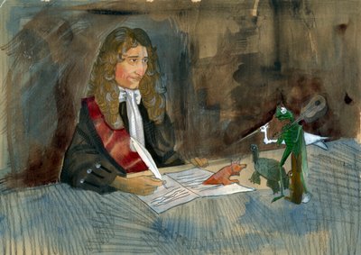 Ranskalainen kirjailija Jean de la Fontaine katselee satujensa hahmoja. Kuvitus: Alessandro Lonati tekijältä Alessandro Lonati