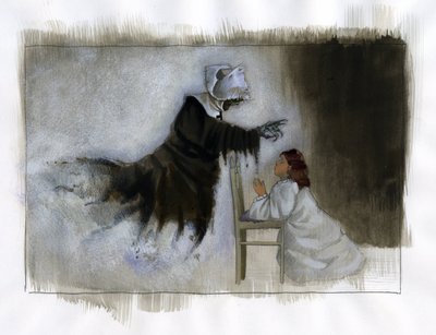 Aave iäkkäästä nunnasta, jolla on vinot kädet, ilmestyy rukoilevalle pienelle tytölle. Kuvitus: Alessandro Lonati tekijältä Alessandro Lonati