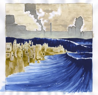 Kuva saaren myytistä katosi Atlantismeren (Atlantis) alle: näkymä levottomasta merestä legendaarista saarta tulvivan tulivuoren purkauksen jälkeen. Väripiirustus Alessandro Lonati. tekijältä Alessandro Lonati