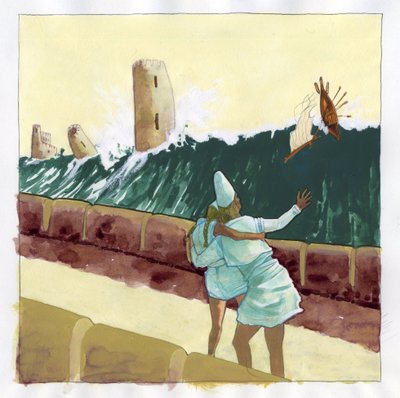 Kuva saaren myytistä katosi Atlantismeren (Atlantis) alle: näkymä tsunamista, joka tulvii legendaarisen saaren kreikkalaista kaupunkia. Väripiirustus Alessandro Lonati. tekijältä Alessandro Lonati