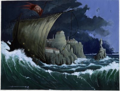 Kuva saaren myytistä katosi Atlantismeren alle: näkymä legendaarisen saaren kreikkalaisesta kaupungista ennen sen katoamista. Väripiirustus Alessandro Lonati. tekijältä Alessandro Lonati