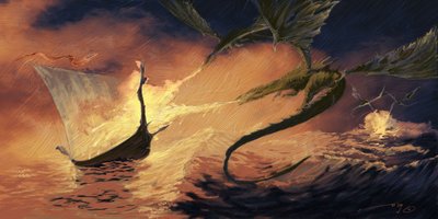 Legendaarinen olento: Alessandro Lonatin piirros: Dragon Attacking a Drakkar (Viking Boat) tekijältä Alessandro Lonati