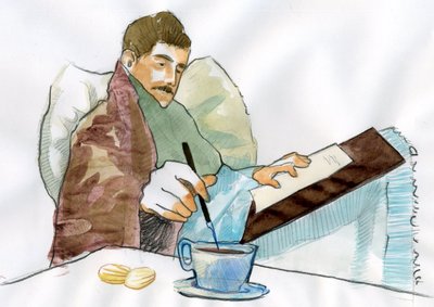Marcel Proust sairaana miehenä kirjoittamassa tätinsä Elisabethin teetä (muste paperille) tekijältä Alessandro Lonati