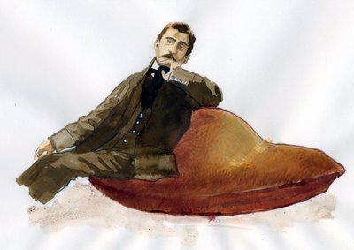 Marcel Proust istuu madeleinellään (muste paperilla) tekijältä Alessandro Lonati