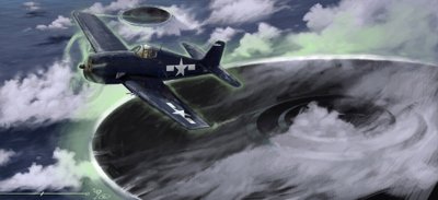 Salaperäiset ilmiöt: kuvaa Yhdysvaltain laivaston lentokoneen katoamista Bermudan kolmiossa 1940-luvulla. Legenda viittaa siihen, että se olisi täällä edustettuna olevien UFO:iden (UFO tai muukalainen) työtä. Piirustus Alessandro Lonati tekijältä Alessandro Lonati