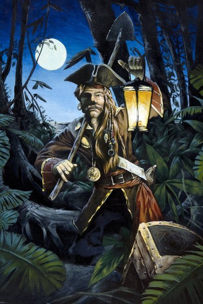 Pirate of the Caribbean lyhty, yöllä, piilottelee aarteensa saaren metsään. Väripiirustus Alessandro Lonati. tekijältä Alessandro Lonati