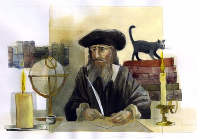 Michel de Notre Damen (Nostradamus) muotokuva englantilaisen astrologin muotokuva - Nostradamuksen, Michel de Notre Damen (1503-1566) astrologin ja lääkärin francaisin muotokuva Kuvitus: Alessandro Lonati tekijältä Alessandro Lonati