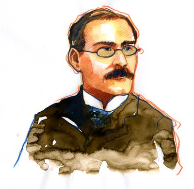 Rudyard Kiplingin (1865-1936), englantilaisen kirjailijan muotokuva ((kirjailija Rudyard Kiplingin muotokuva) tekijältä Alessandro Lonati